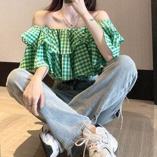 Ruffled Off-shoulder Cropped Check Blouse