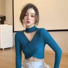Choker-neck Cropped Ribbed Knit Top