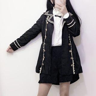 Set: Double-breasted Coat + Mock Neck Shirt + Wide-leg Shorts