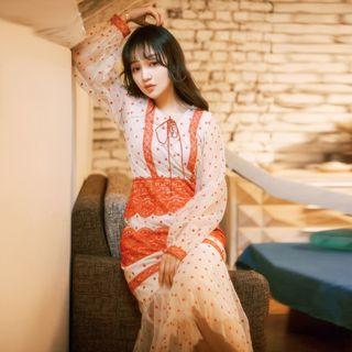 Dotted Lace Trim Long-sleeve Ruffle Hem Midi Mesh Dress