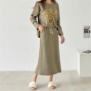 Set: Letter Print T-shirt + Drawstring-waist Skirt
