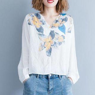 V-neck Flower Print Long-sleeve T-shirt