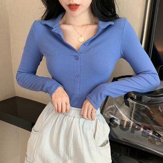 Polo Neck Buttoned Ribbed Long-sleeve T-shirt