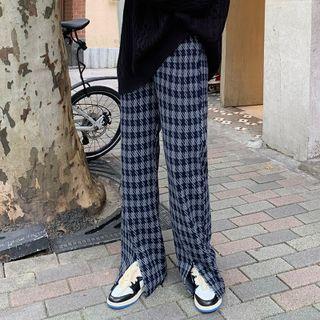 High-waist Plaid Woolen Straight Leg Slit Pants
