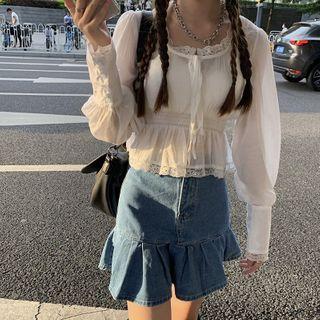 Lantern-sleeve Tie-neck Blouse / Denim Mini Skirt