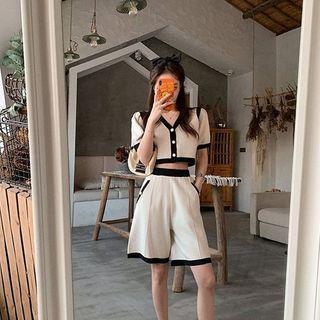 Contrast Trim Short-sleeve Knit Top / Mini A-line Skirt / Wide-leg Shorts / Set