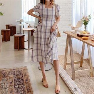 Tie-waist Midi Plaid Dress Ivory - One Size