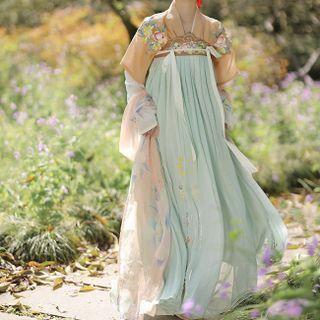 Chinese Hanfu Set Of 3: Embroidered Short-sleeve Coat + Embroidered Long-sleeve Top + Chest-full Maxi Dress