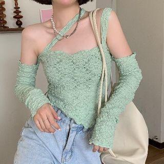 Long-sleeve Asymmetric Cutout Shoulder Lace Top