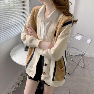 Color Block Button-up Sweater Vest Khaki - One Size