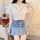 Short-sleeve Lace Trim T-shirt / Denim Mini Skirt / Set