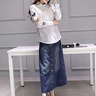Set: Embroidered Shirt + Denim Maxi Skirt