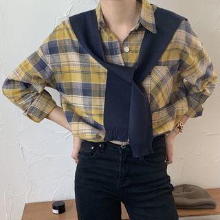 Set: Plaid Shirt + Knit Cape As Shown In Figure - One Size