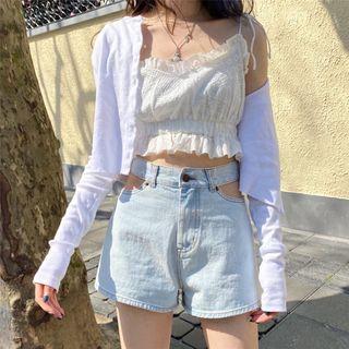 Spaghetti Strap Lace Frill Trim Crop Top White - One Size