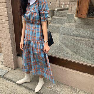 Contrast-collar Maxi Plaid Dress