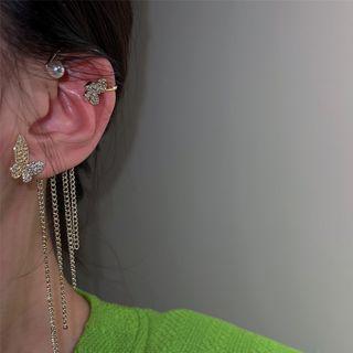 Butterfly Rhinestone Fringed Alloy Cuff Earring 1 Pc - Silver & Gold - One Size