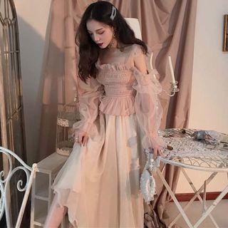 Long-sleeve Smocked Top / Midi A-line Mesh Skirt