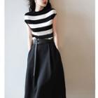 Short-sleeve Striped Knit Top / Midi A-line Skirt / Set