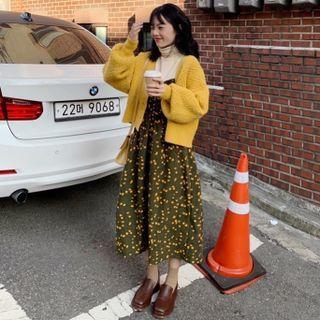 Plain Cardigan / Turtleneck Top / Spaghetti Strap Floral Dress