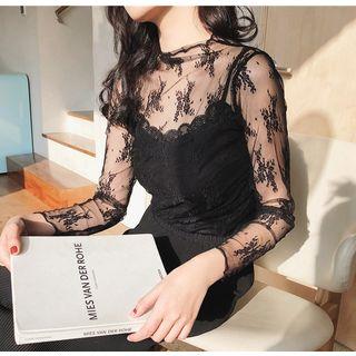 Long-sleeve Lace Mock-neck Top