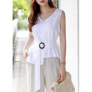 Belted Sleeveless Asymmetric-hem Top