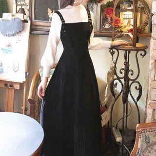 Set: Puff-sleeve Sweater + Overall Dress