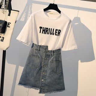 Lettering Short-sleeve T-shirt / Denim Skirt / Set