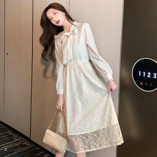 Tie-neck Lace Panel Midi A-line Dress