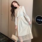 Tie-neck Lace Panel Midi A-line Dress