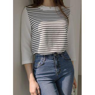 3/4-sleeve Faux-pearl Stripe T-shirt