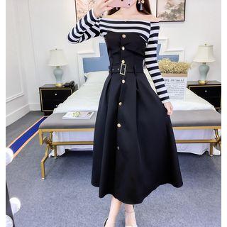 Long-sleeve Panel Midi A-line Dress