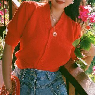 Short-sleeve Button Knit Top Red - One Size