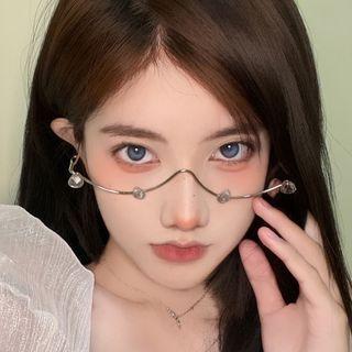 Rhinestone Half Frame Lensless Glasses Silver - One Size