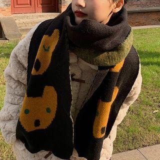 Bear Print Knit Shawl Black - One Size