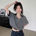 Short-sleeve Collar Cropped T-shirt Gray - One Size