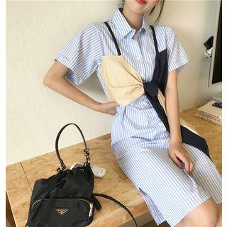 Mock-two Striped Short-sleeve Dress Stripes - Blue & White - One Size