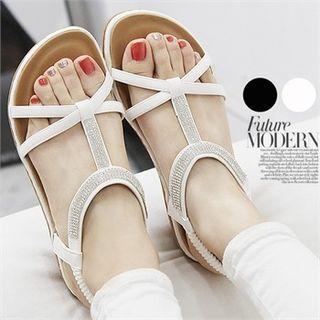 Rhinestone T-strap Flat Sandals