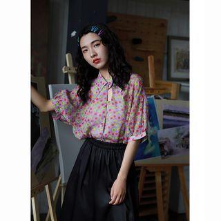 Floral Elbow-sleeve Cutout Blouse