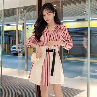 Striped Shirt + High-waist Panel Skirt