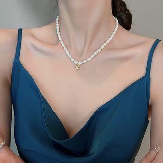 Heart Alloy Pendant Freshwater Pearl Necklace Gold Heart - White - One Size
