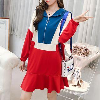 Lettering Color Block Ruffle Hem Hoodie Dress