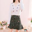 V-neck Long-sleeve Embroidered Flower Knit Cardigan / High-waist Tweed Mermaid Skirt