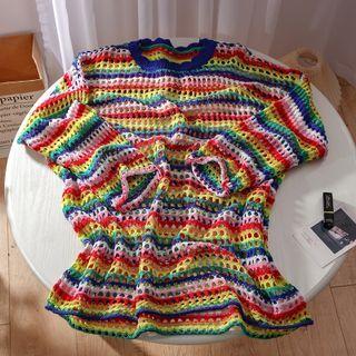 Short-sleeve Knit Top Yellow & Red & Green - One Size