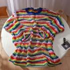 Short-sleeve Knit Top Yellow & Red & Green - One Size