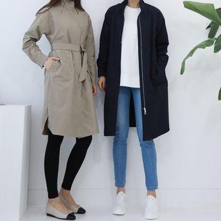 Zip-up Long Jacket With Sash
