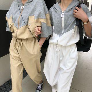 Short-sleeve Two-tone Hooded Jumpsuit