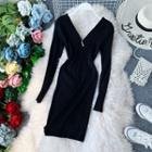 Zip Detail Long-sleeve Knit Sheath Dress Black - One Size
