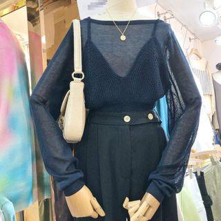 Set: Plain Knit Top + Knit Camisole Blue - One Size