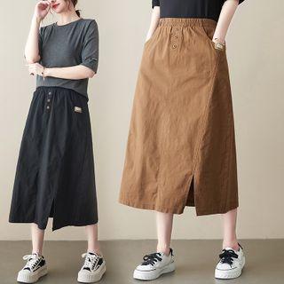 Slit Linen Midi A-line Skirt