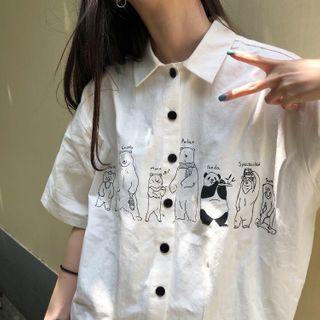 Short-sleeve Animal Print Buttoned Shirt